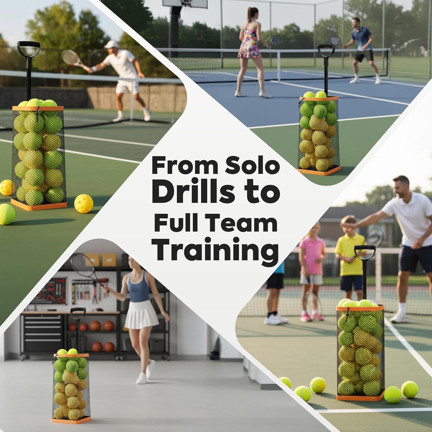 Effortless Tennis Ball Hopper & Picker Basket - Holds 50+ Tennis Balls or 40+ Pickleballs, Lightweight & Portable with Adjustable Handle for Easy Collection