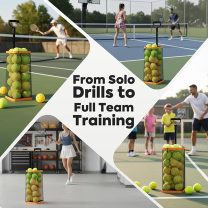 Effortless Tennis Ball Hopper & Picker Basket - Holds 50+ Tennis Balls or 40+ Pickleballs, Lightweight & Portable with Adjustable Handle for Easy Collection