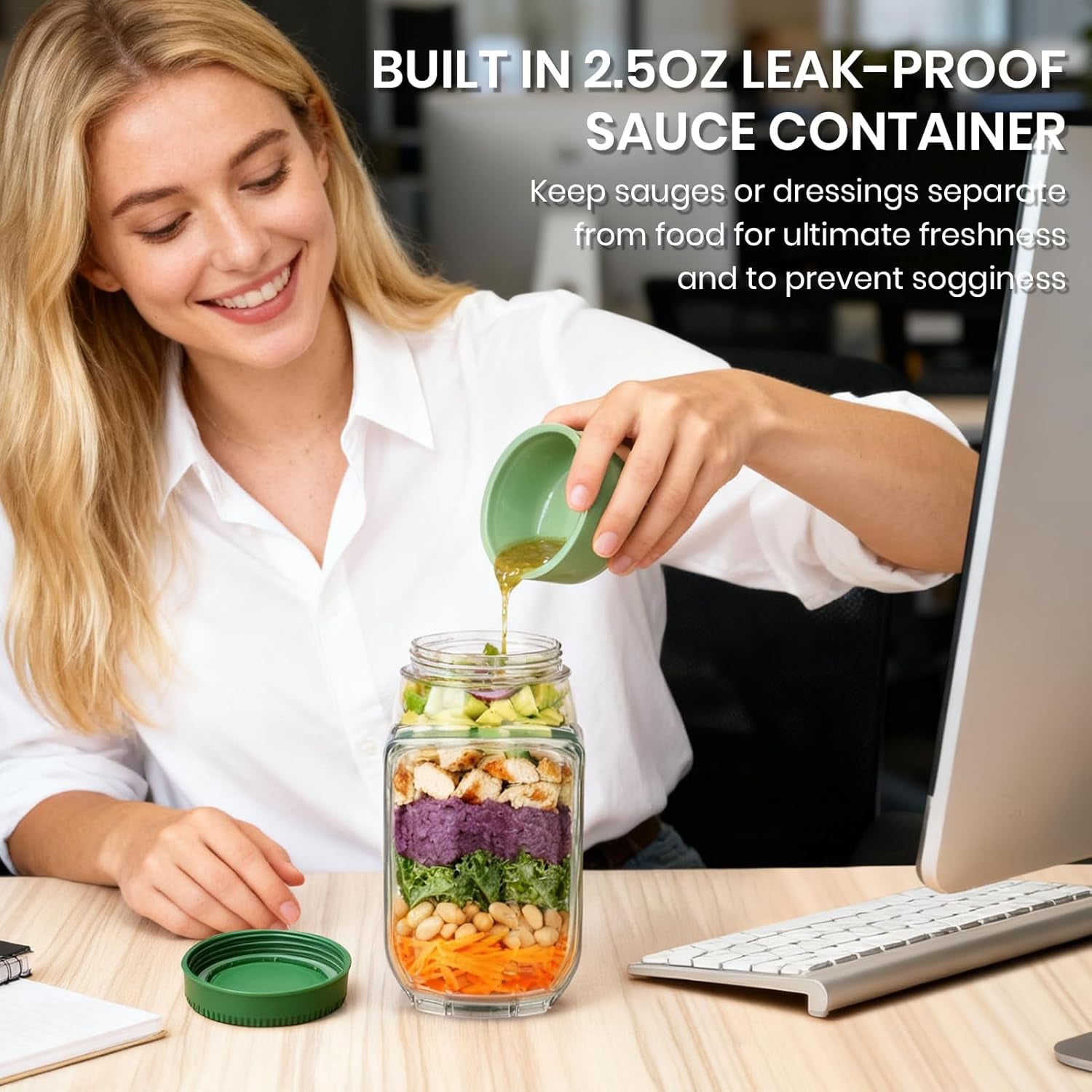 Salad Jar Pod, Leakproof Salad Jar Lunch Container with Side Opening (Green)