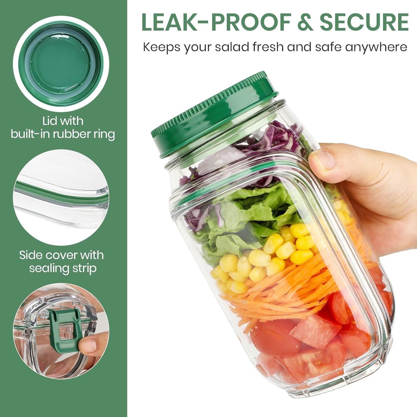 Salad Jar Pod, Leakproof Salad Jar Lunch Container with Side Opening (Green)