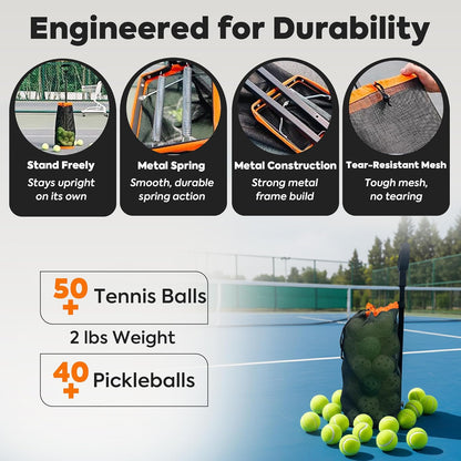 Effortless Tennis Ball Hopper & Picker Basket - Holds 50+ Tennis Balls or 40+ Pickleballs, Lightweight & Portable with Adjustable Handle for Easy Collection