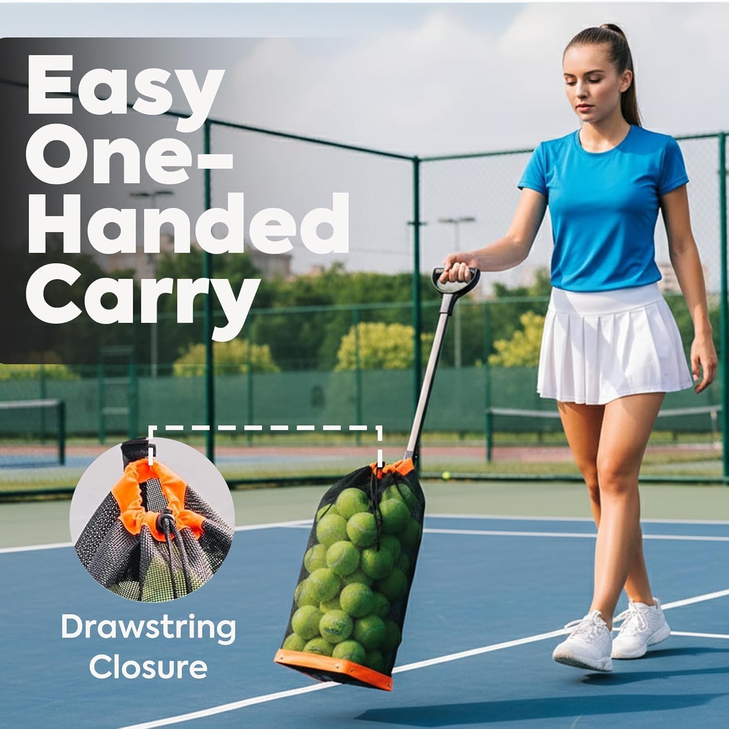 Effortless Tennis Ball Hopper & Picker Basket - Holds 50+ Tennis Balls or 40+ Pickleballs, Lightweight & Portable with Adjustable Handle for Easy Collection